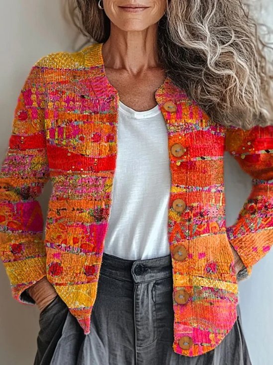 Knitted Casual Crew Neck Multicolor Block Cardigan