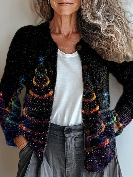 Women's Christmas Print Casual Button Cardigan