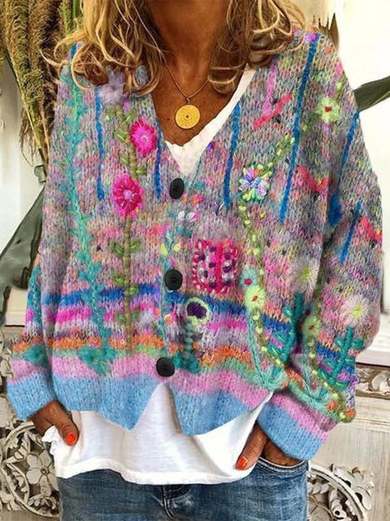Women's Floral Print Casual V-Neck Button Cardigan