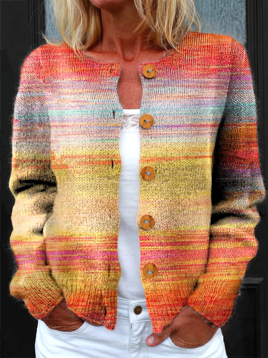 Knitted Crew Neck Striped Ethnic Cardigan