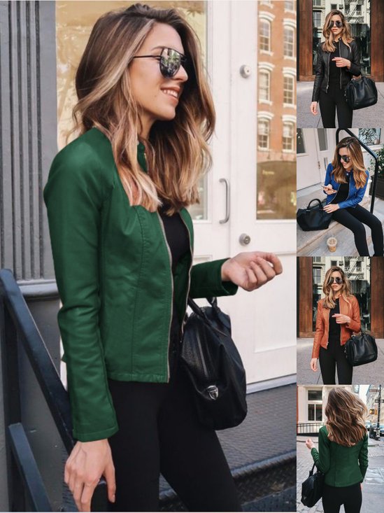 Plain Stand Collar Street Fashionable Leather And Pu Suit Jacket