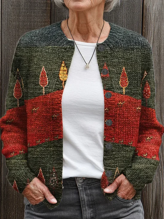 Women's Christmas Print Casual Button Cardigan