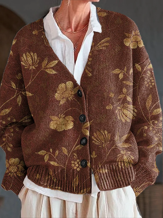 Women's Floral Print Casual V-Neck Button Cardigan