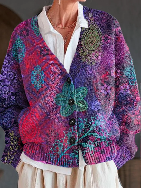Women's Floral Print Casual V-Neck Button Cardigan