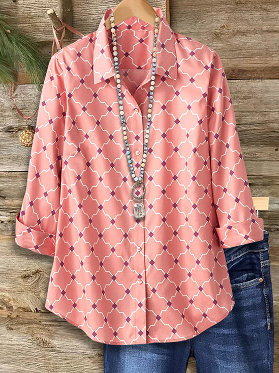 Women's Long Sleeve Shirt Spring/Fall Pink Abstract Buckle Shirt Collar Regular Sleeve Daily Going Out Casual Top