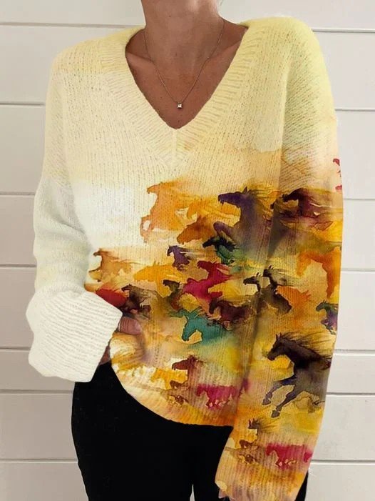 Loose Gradient Pattern V Neck Vintage Sweater