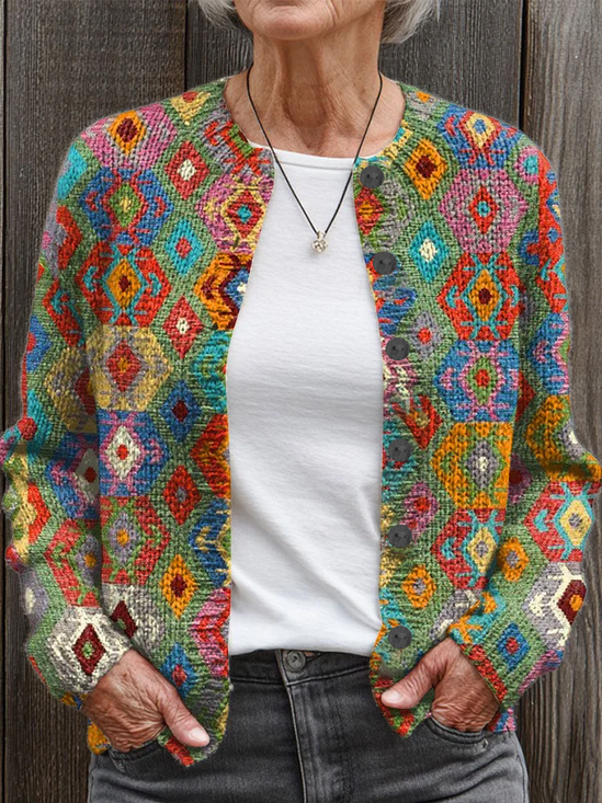 Women's Abstract Print Casual Button Cardigan