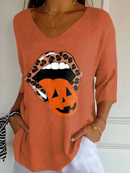 V-Neck Retro Halloween Lips Leopard Pumpkin Fall Printed T-Shirt