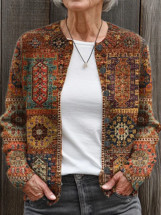 Women's Abstract Print Casual Button Cardigan