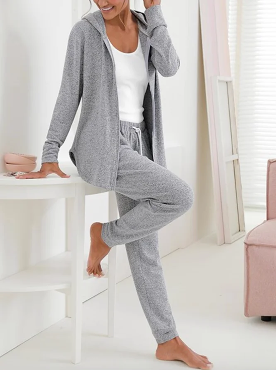 Women's Drawstring Plain Daily Going Out Two-Piece Set Gray Casual Spring/Fall Coat With Pants Matching Set