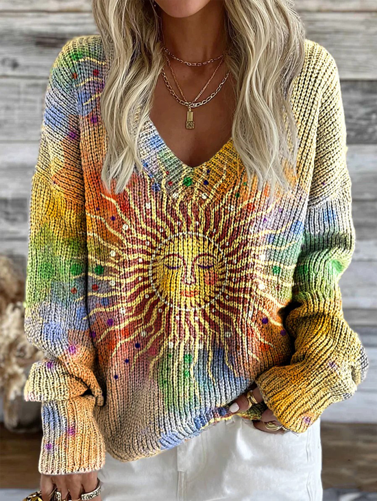 V Neck Ethnic Gradient Pattern Sweater