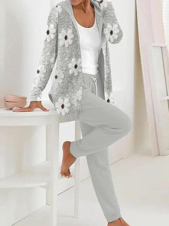 Women's Printing Floral Daily Going Out Two-Piece Set Light Gray Casual Spring/Fall Coat With Pants Matching Set