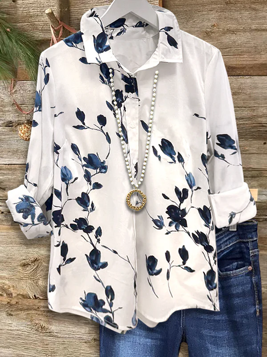 Women's Long Sleeve Shirt Spring/Fall White Floral Buckle Shirt Collar Regular Sleeve Daily Going Out Casual Top