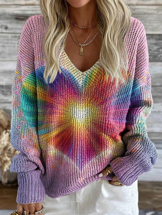 Vintage Gradient Pattern V Neck Loose Sweater