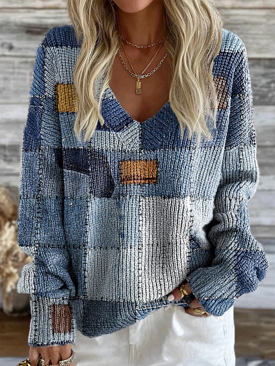 Vintage Loose Geometric V Neck Sweater