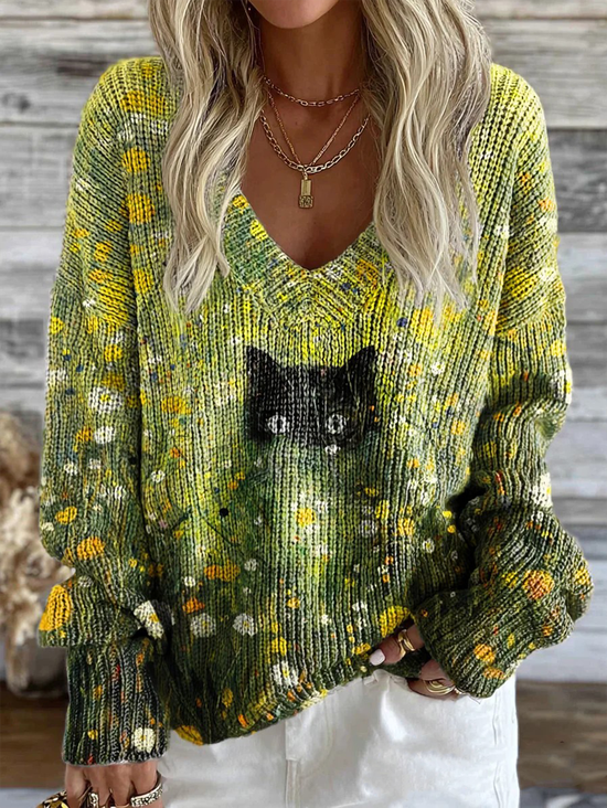 Casual Loose Floral V Neck Sweater