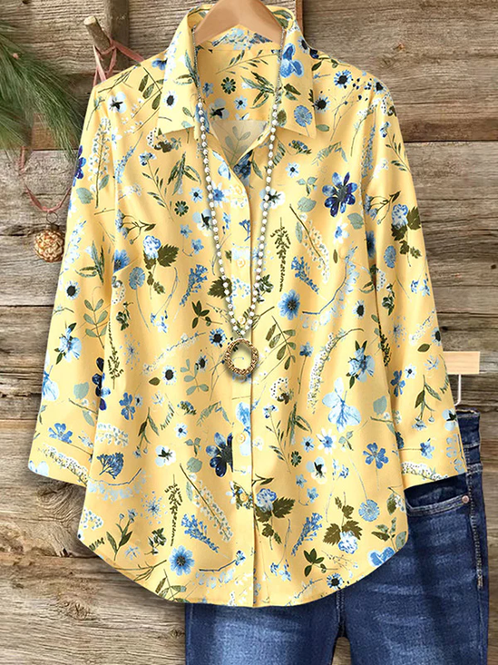 Women's Long Sleeve Shirt Spring/Fall Yellow Floral Buckle Shirt Collar Regular Sleeve Daily Going Out Casual Top