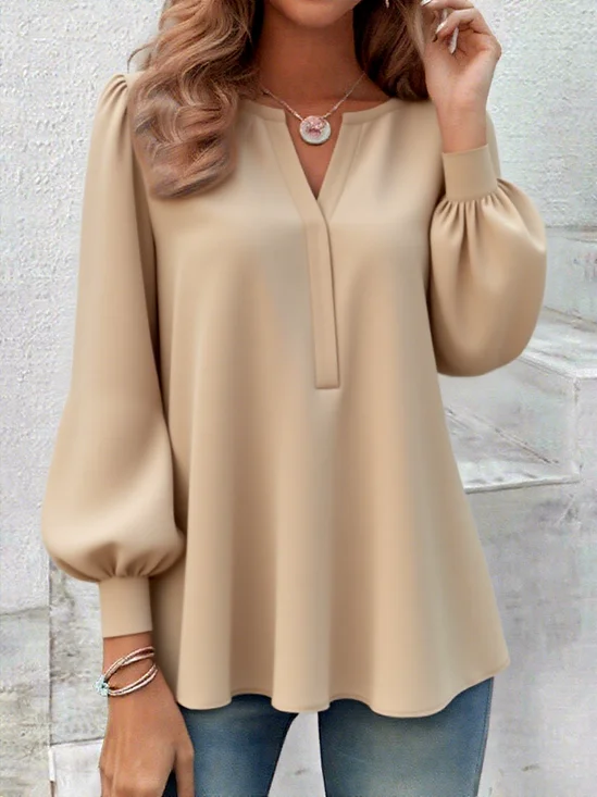V Neck Cotton Casual Plain Shirt