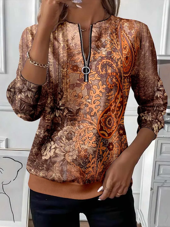 Women's Floral Print Casual Zip-Up Long Sleeve Sweatshirt
