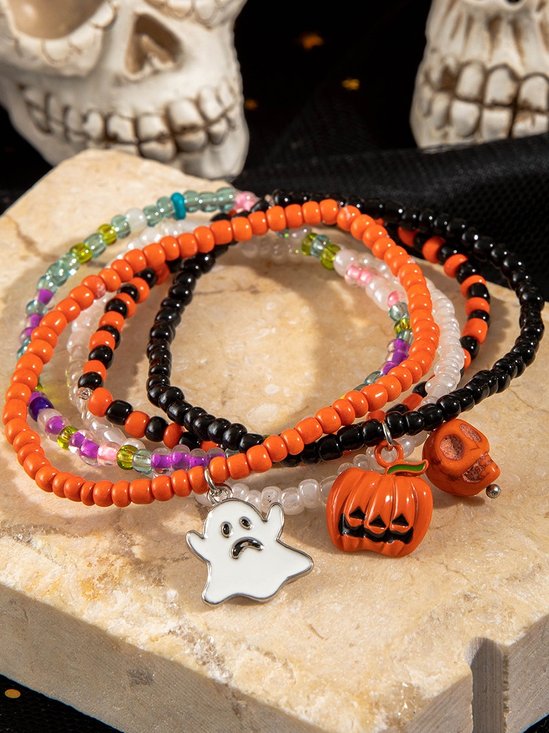 Colorful Rice Bead Ghost Pumpkin Bat Anklet Five-piece Set Dark Funny Skull Halloween Foot Ornaments Five-piece Set