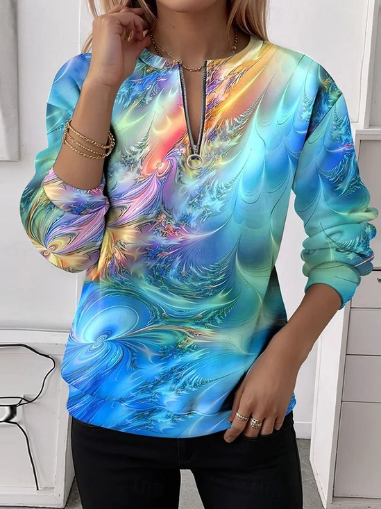 Women's Abstract Print Casual Zip-Up Long Sleeve Sweatshirt