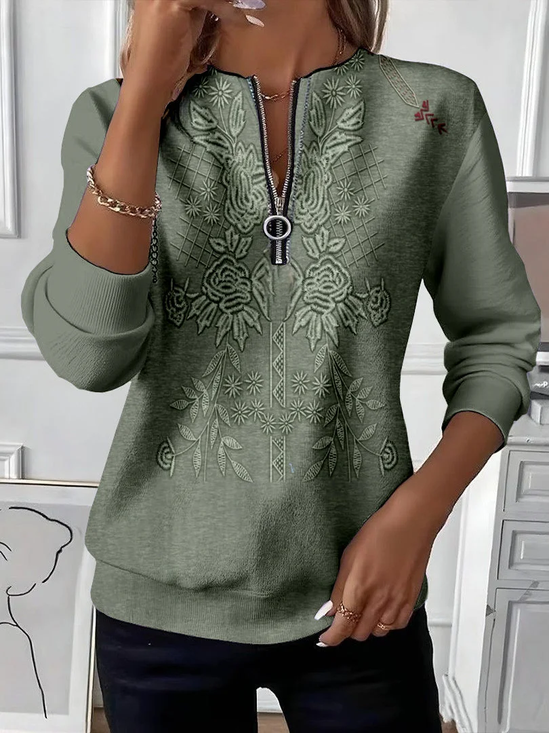 Women's Floral Print Casual Zip-Up Long Sleeve Sweatshirt
