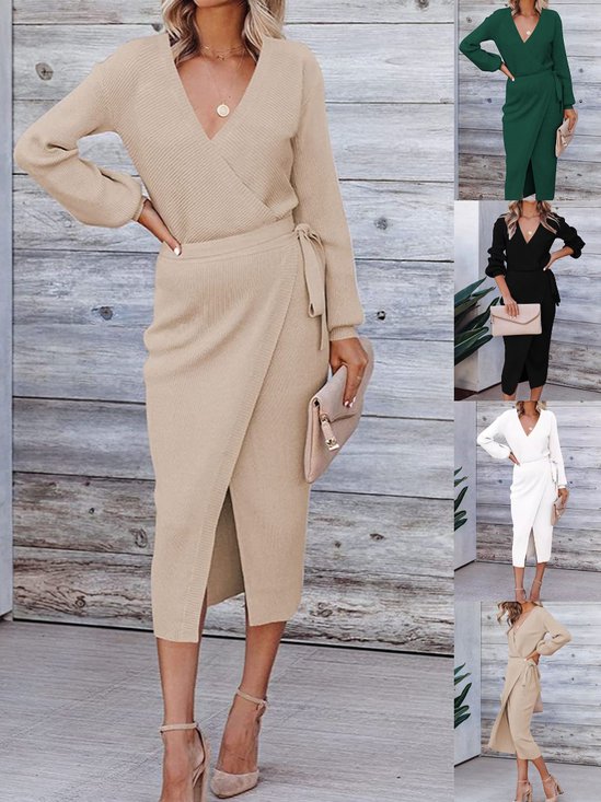 Women's Long Sleeve Spring/Fall Khaki Plain Split Joint V Neck Daily Going Out Vintage Maxi A-Line Tank Dress