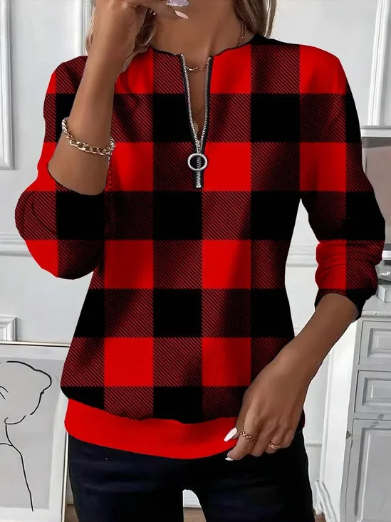 Women's Plaid Print Casual Zipper Long Sleeve Sweatshirt
