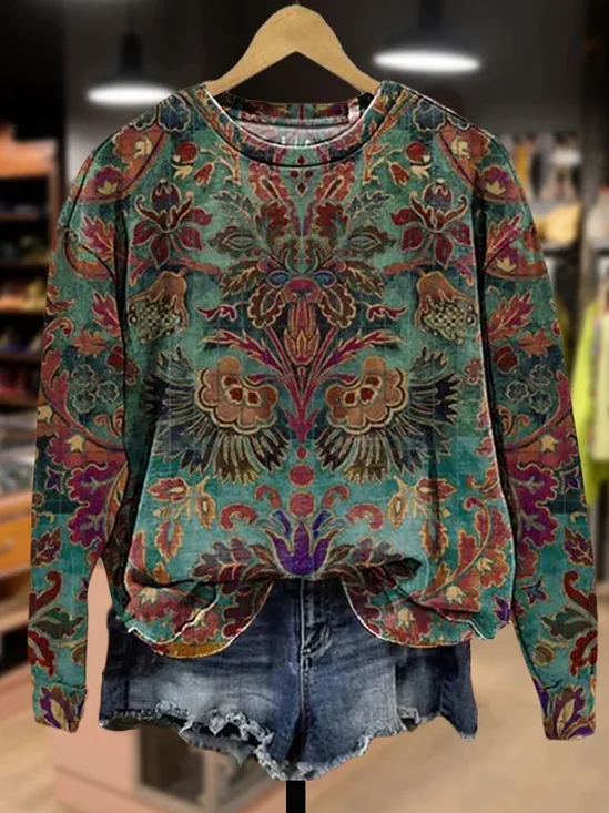 Women's Floral Print Casual Crew Neck Long Sleeve Sweatshirt