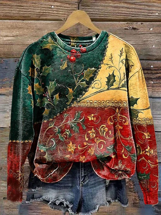 Women's Christmas Floral Print Casual Crew Neck Long Sleeve Sweatshirt
