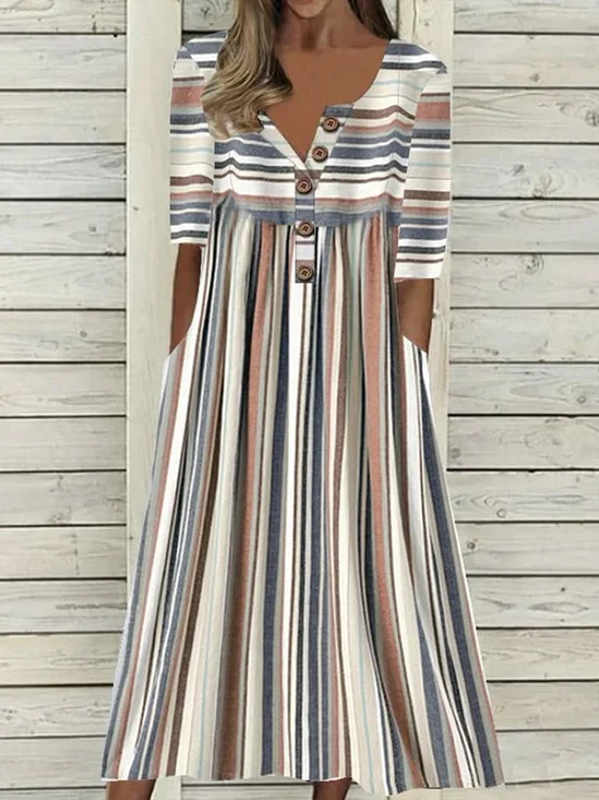Women's Stripe Print Casual Button Dress