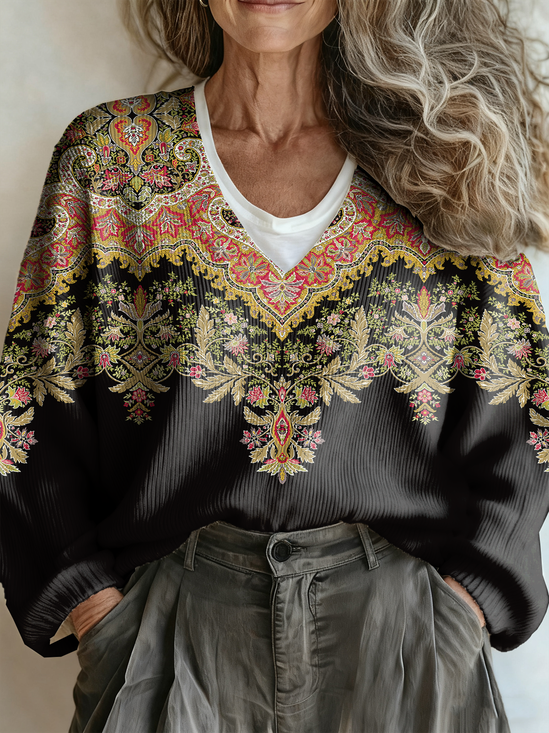 Ethnic Casual Loose V Neck Sweater
