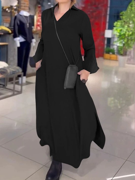 Casual Plain Shirt Collar Maxi Dress