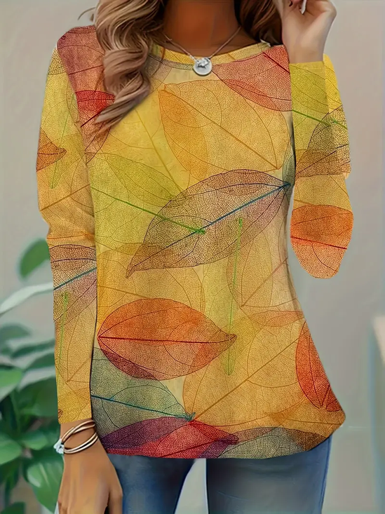 Women's Long Sleeve T-shirt Spring/Fall Yellow Leaf Jersey Crew Neck Daily Going Out Casual Tunic Top
