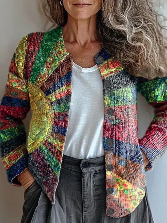 Casual Crew Neck Abstract Printing Cardigan