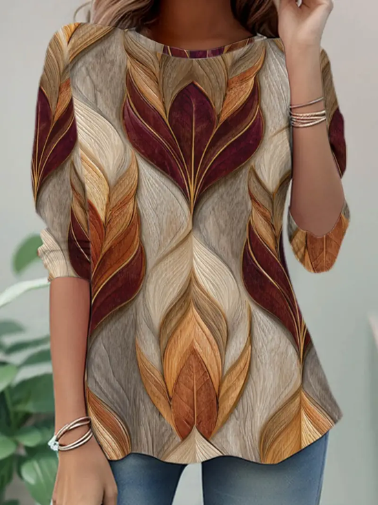 Women's Long Sleeve T-shirt Spring/Fall Brown Abstract Jersey Crew Neck Daily Going Out Casual Tunic Top