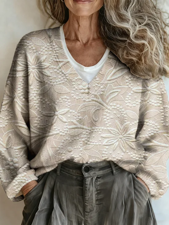 Casual Loose Floral V Neck Sweater