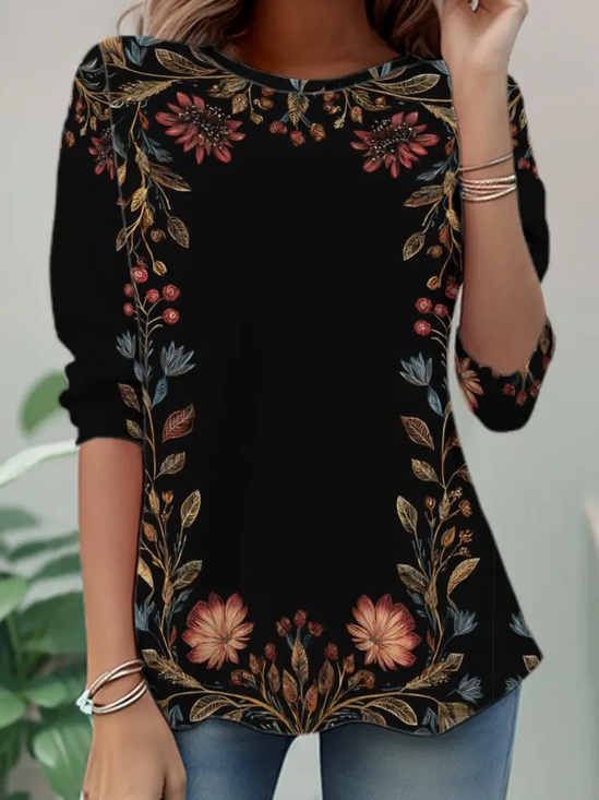 Women's Long Sleeve T-shirt Spring/Fall Black Floral Jersey Crew Neck Daily Going Out Casual Tunic Top