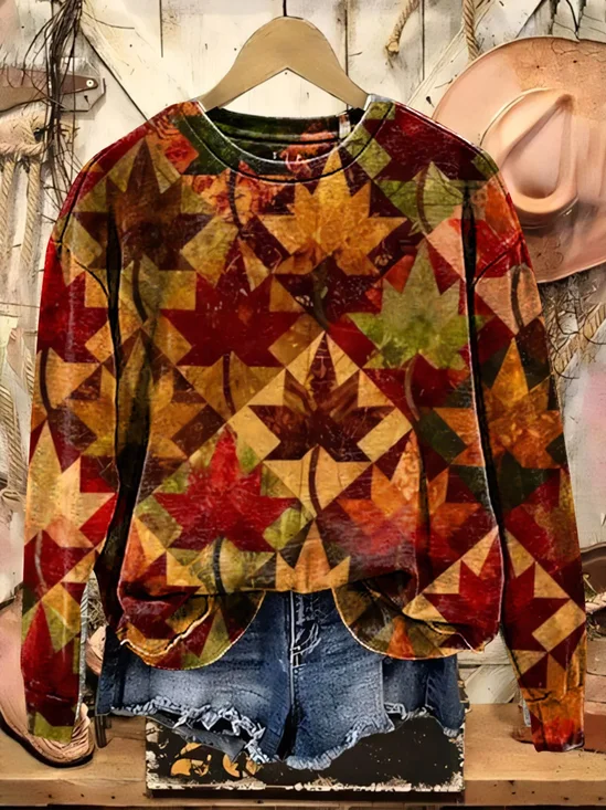 Printing Casual Maple Leaf Crew Neck Sweatshirt
