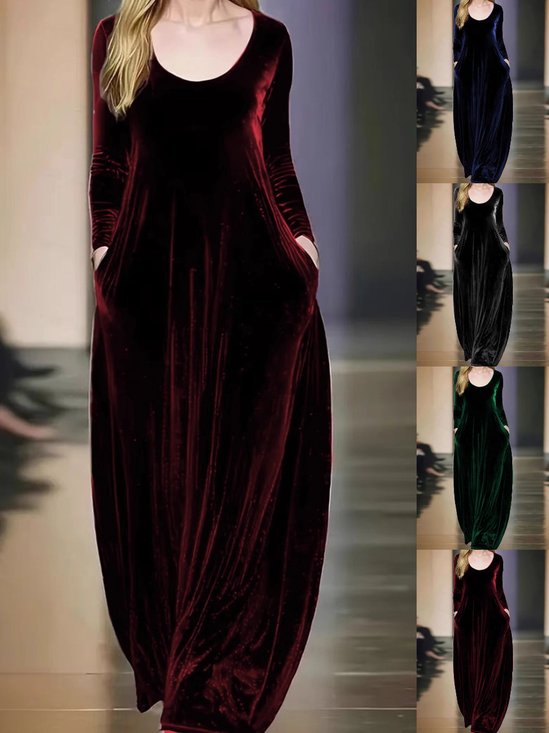 Women's Long Sleeve Spring/Fall Wine Red Plain Split Joint Crew Neck Daily Going Out Vintage Maxi A-Line Velvet Dress