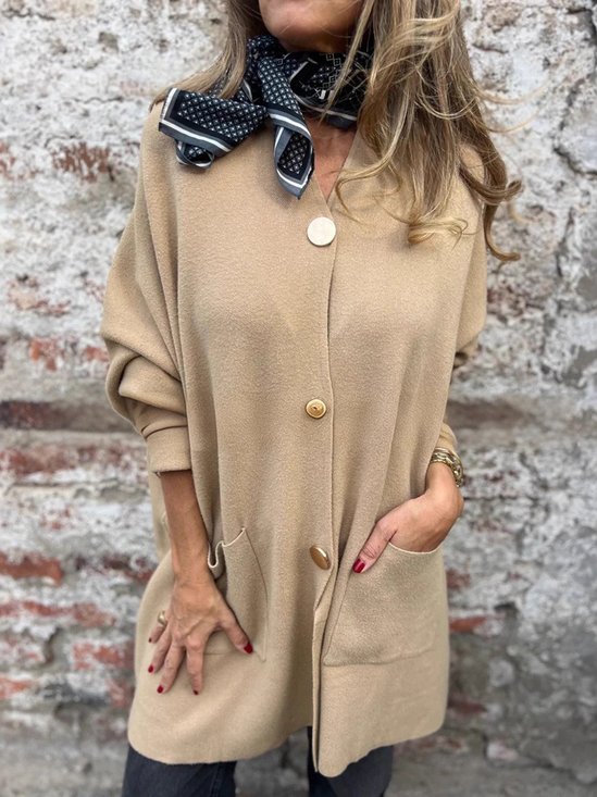 Casual Plain Buttoned Crew Neck Cardigan