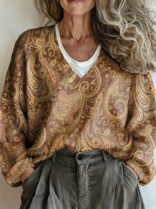Loose Vintage Paisley V Neck Sweater