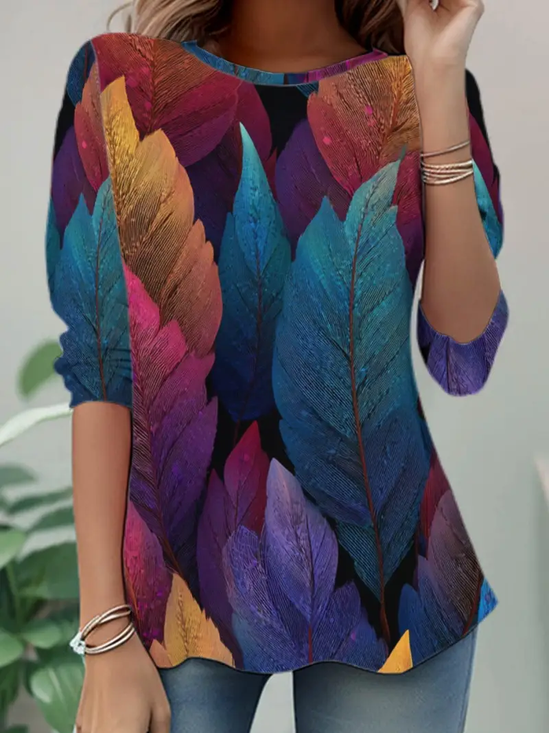 Women's Long Sleeve T-shirt Spring/Fall As Picture Leaf Jersey Crew Neck Daily Going Out Casual Tunic Top