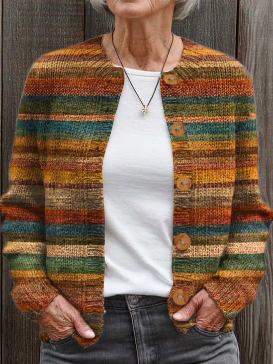 Crew Neck Vintage Gradient Pattern Cardigan