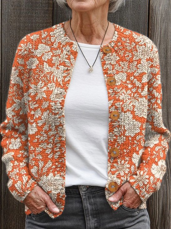 Crew Neck Vintage Loose Floral Cardigan