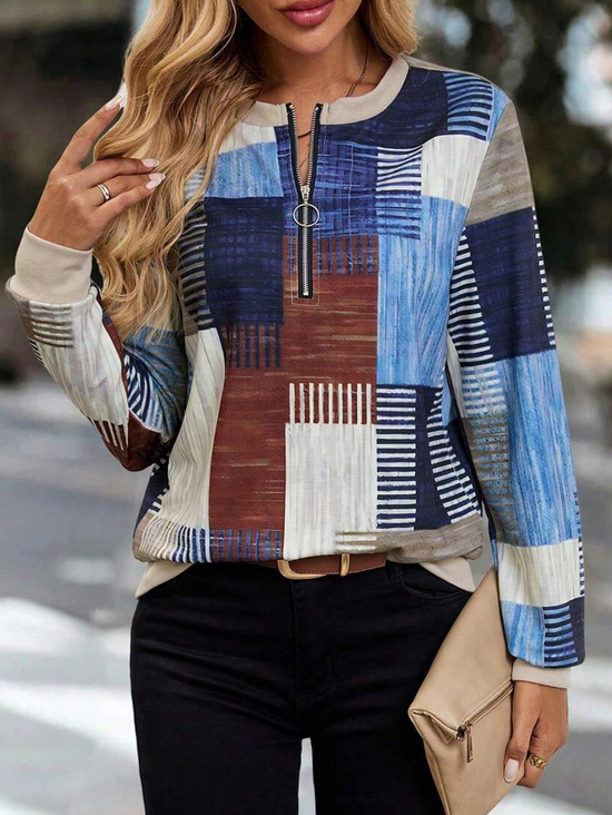 Women's Abstract Print Casual Zipper Long Sleeve Sweatshirt