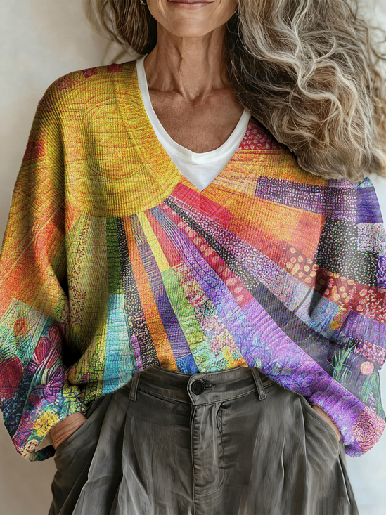 Ethnic Multicolor Block V Neck Sweater