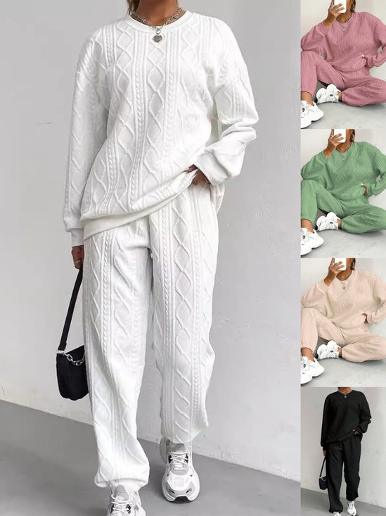 Women's Embossed Plain Daily Going Out Two-Piece Set White Casual Spring/Fall Top With Pants Matching Set