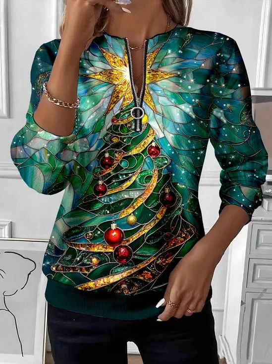 Women's Christmas Tree Printed Casual Zipper Neck Long Sleeve Sweatshirt