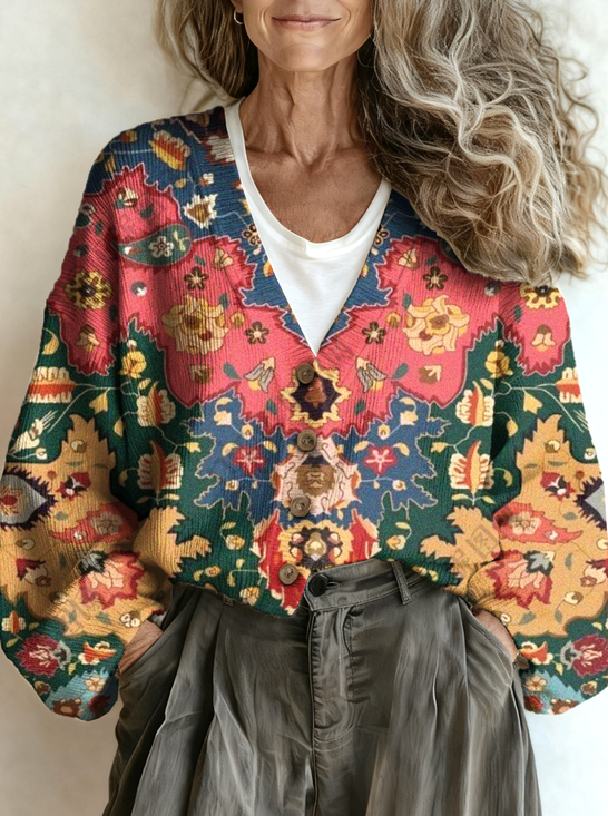 V Neck Boho Geometric Loose Cardigan